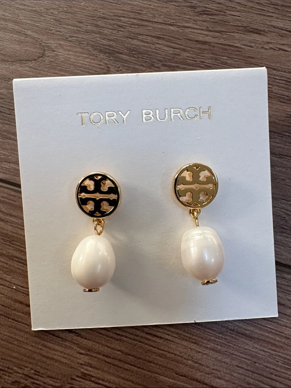 Tory Burch Gold Logo Drop Earrings with Cream Pearl Drops